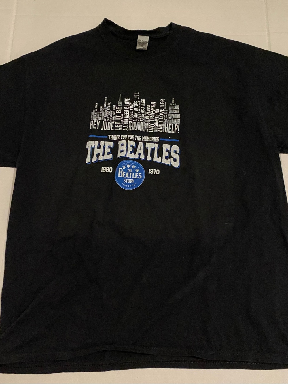 The Beatles Black Graphic Tee - Blue & White Logo 1960-1970 Thank You Memories